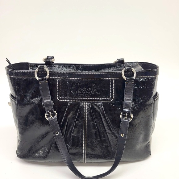 Coach Patent Leather Turnlock Tote Bag Black Violet Lined - Picture 4 of 11